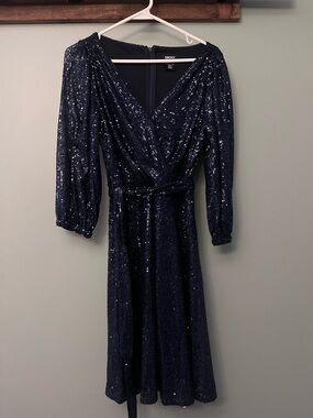 DKNY Navy Sequin Wrap-Style Midi Dress